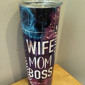 Wife Mom Boss tumbler with sliding lid NEW multicolored purple blue white